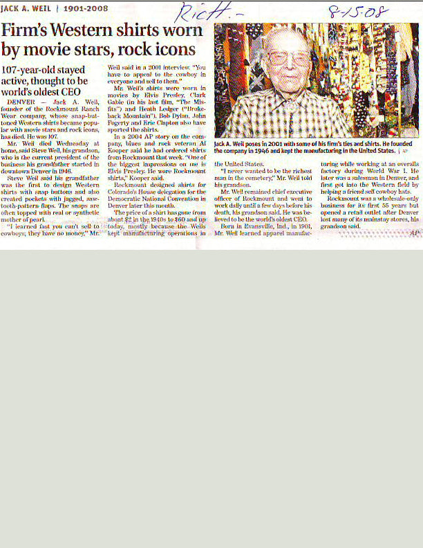 Chicago Sun Times - Firm's Western Shirts Worn by Movie Stars, Rock Icons