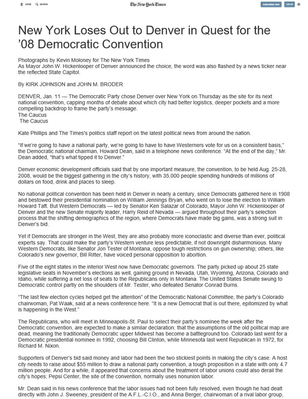 The New York Times - New York Loses Out to Denver in Quest for the '08 Democratic Convention