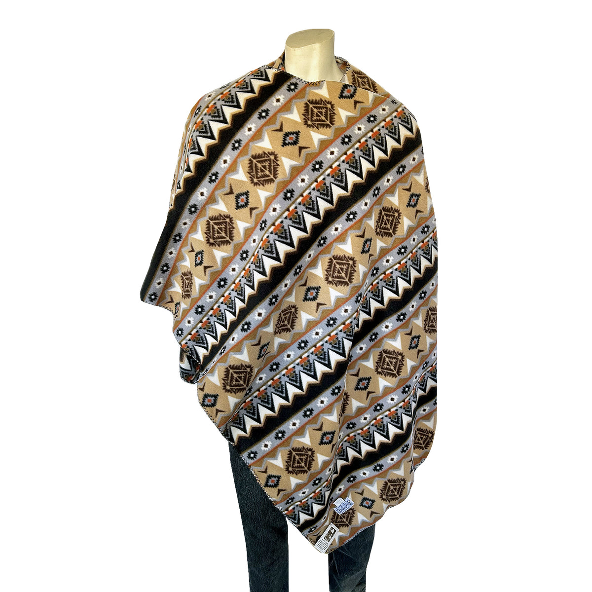 Native Pattern Fleece Western Poncho in Tan & Black - Rockmount