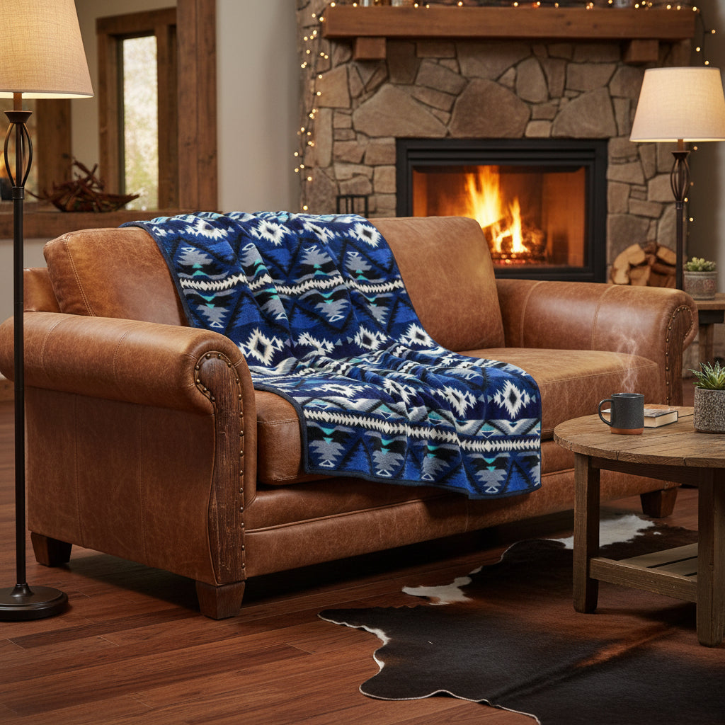 Native Pattern Fleece Western Blanket in Blue & Black