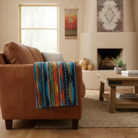 Native Serape Pattern Fleece Western Blanket in Multi-Color Turquoise - Rockmount