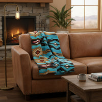 Native Pattern Fleece Western Blanket in Turquoise & Brown - Rockmount
