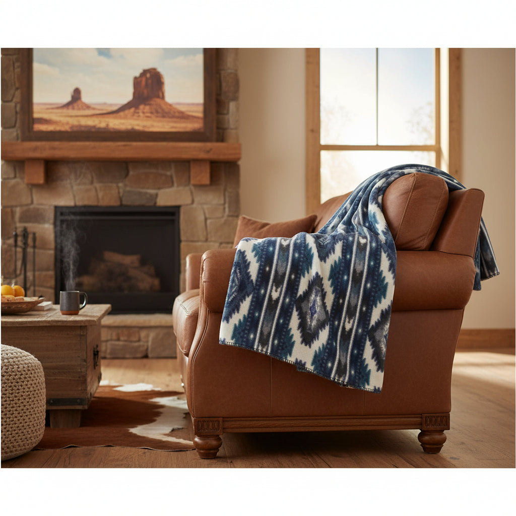 Native Pattern Fleece Western Blanket in Blue - Rockmount