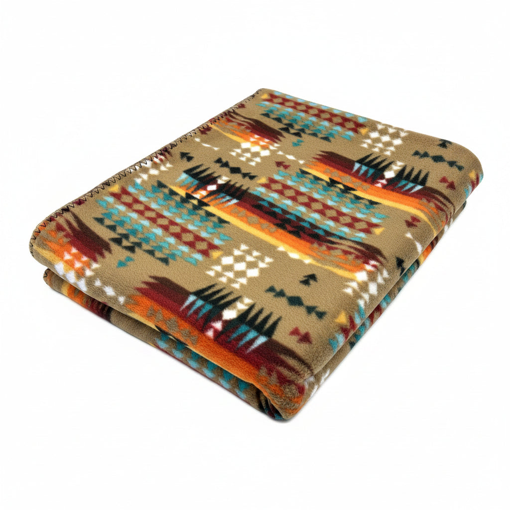 Native Pattern Fleece Western Blanket in Camel & Red