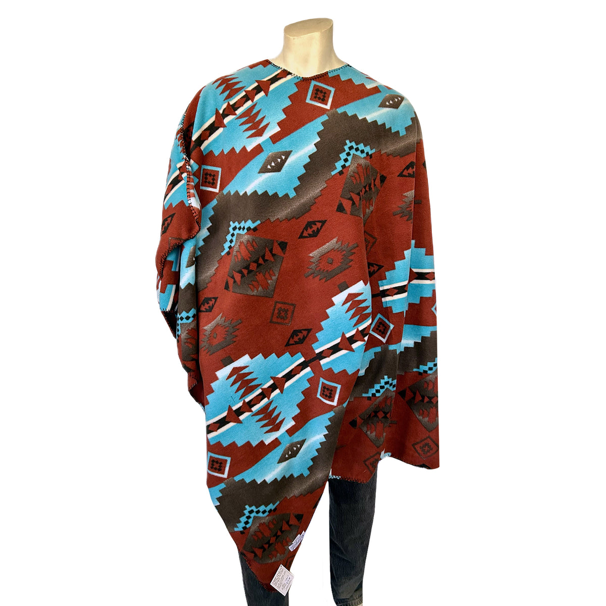 Native Pattern Fleece Western Poncho in Rust & Turquoise - Rockmount