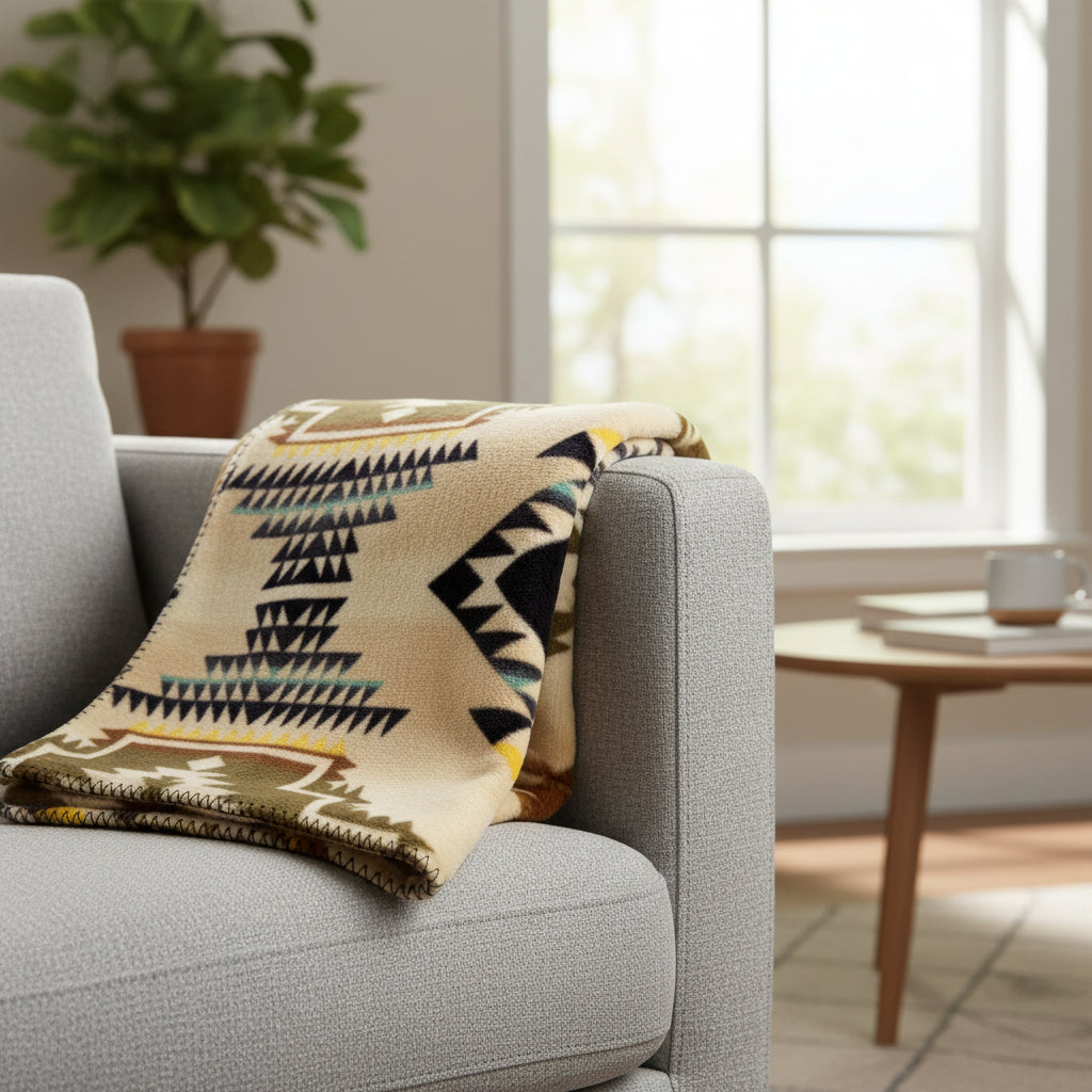 Native Pattern Fleece Western Blanket Tan & Brown - Rockmount