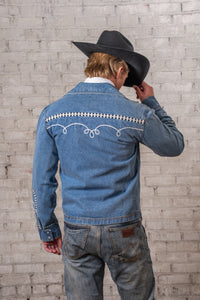 Men's Vintage Western Denim Bolero Jacket with White Rope Embroidery