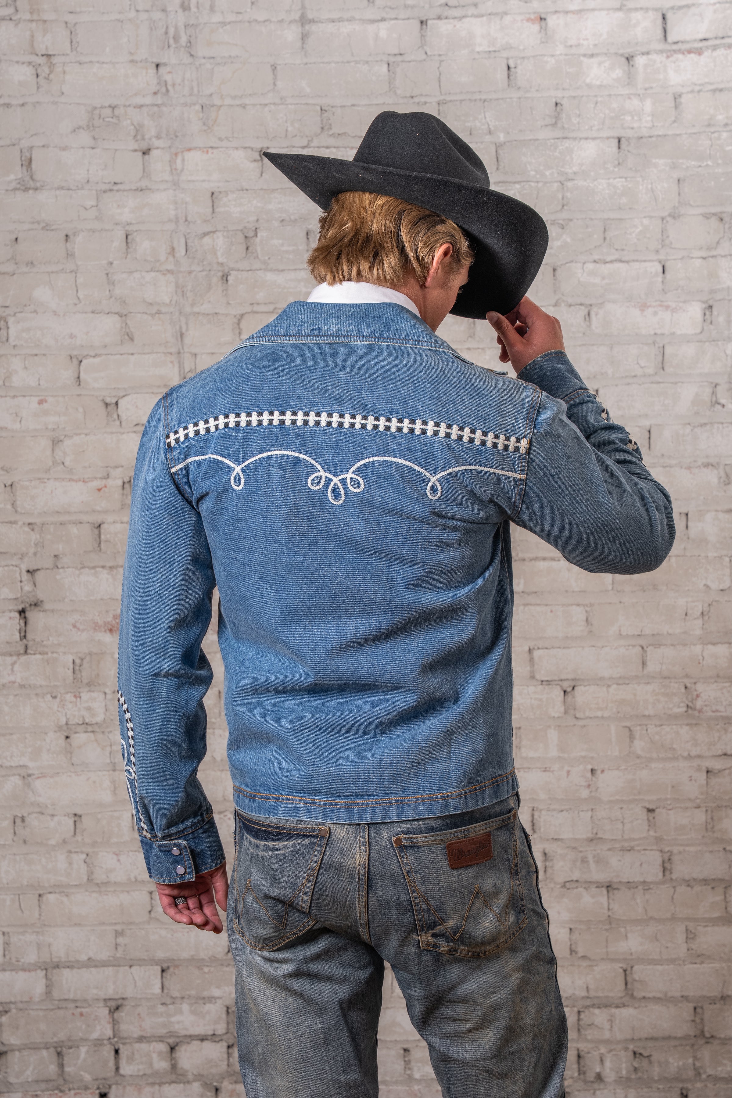 Men's Vintage Western Denim Bolero Jacket with White Rope Embroidery