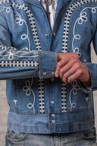 Men's Vintage Western Denim Bolero Jacket with White Rope Embroidery