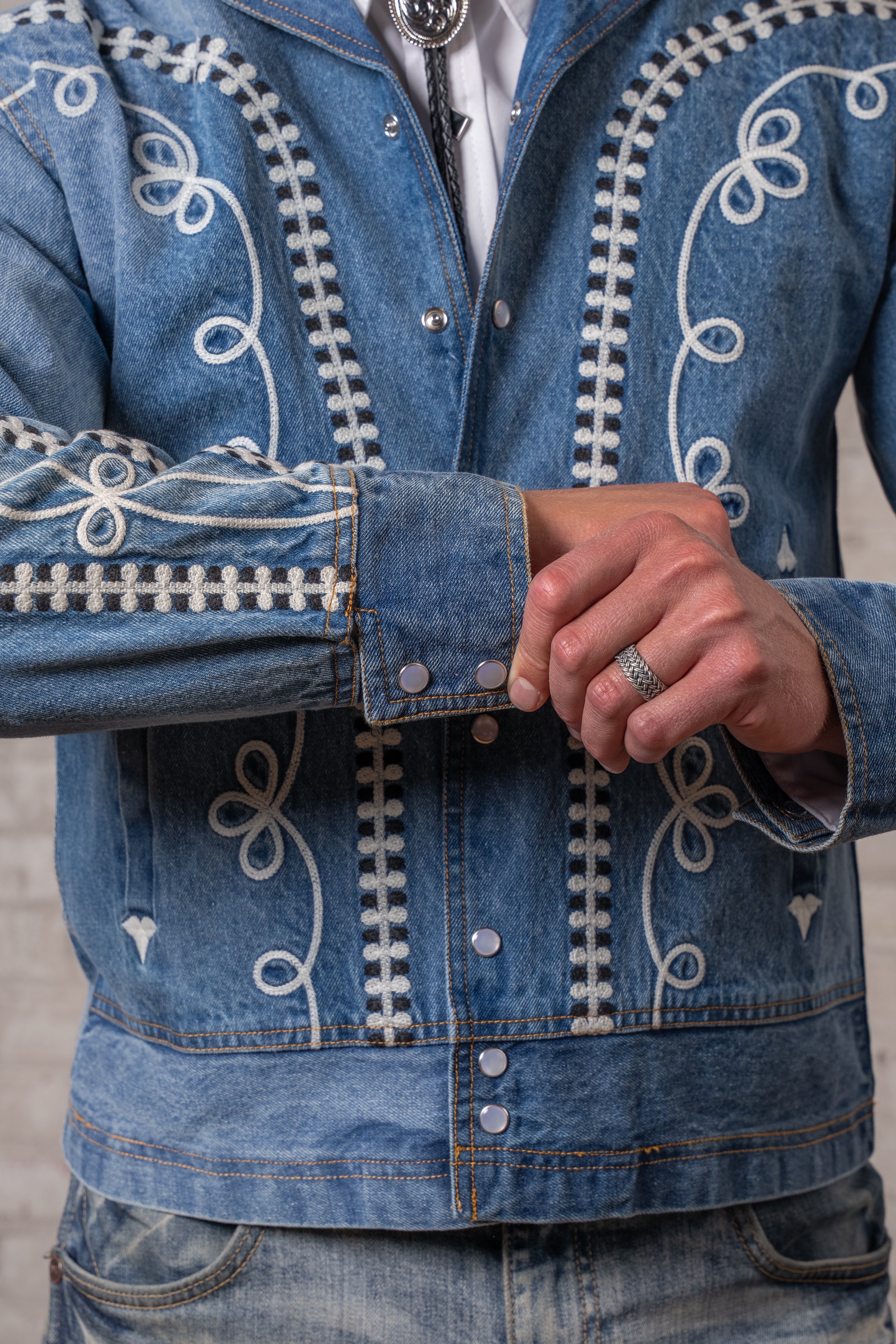 Men's Vintage Western Denim Bolero Jacket with White Rope Embroidery