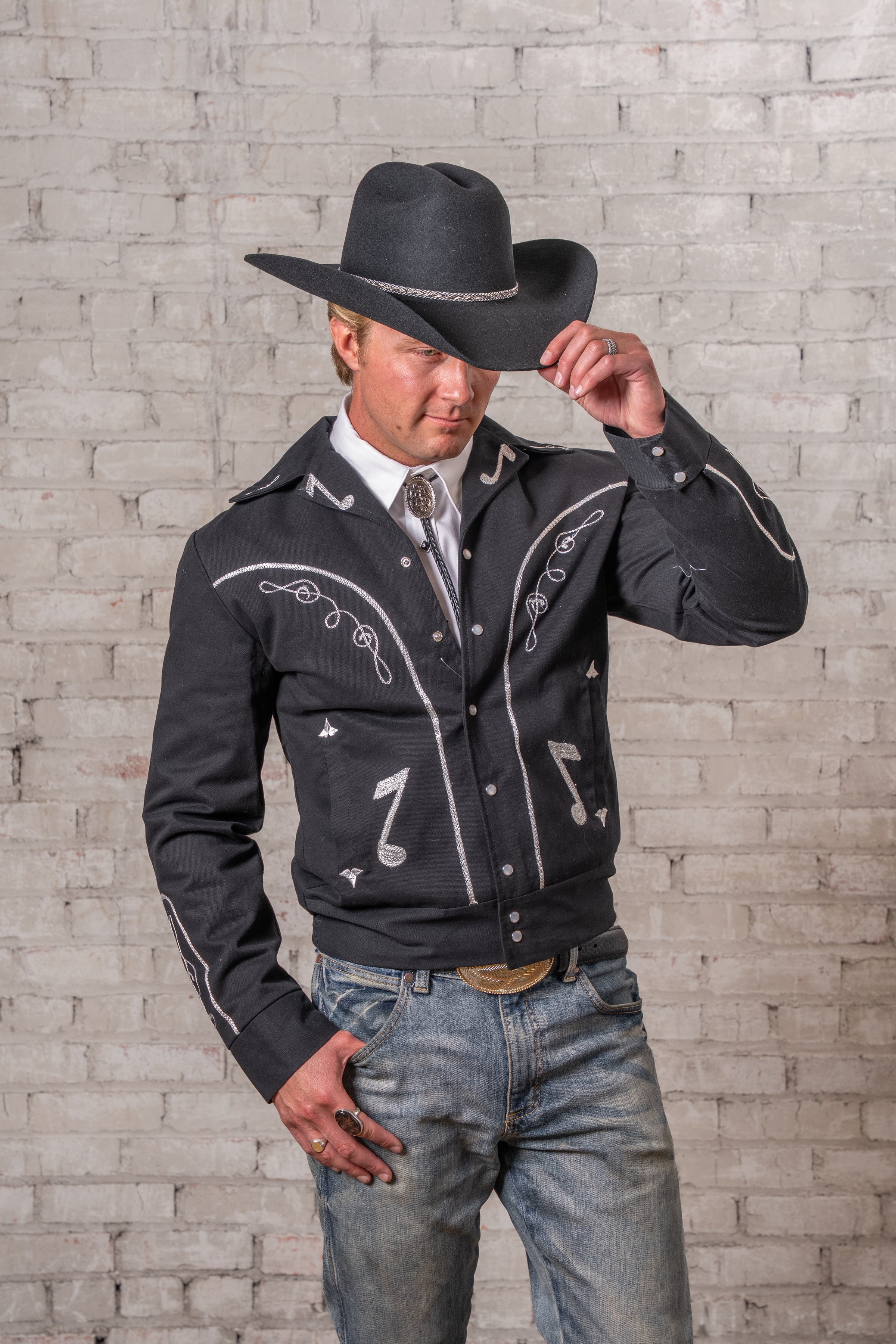 Men's Vintage Western Bolero Jacket with Musical Notes Embroidery