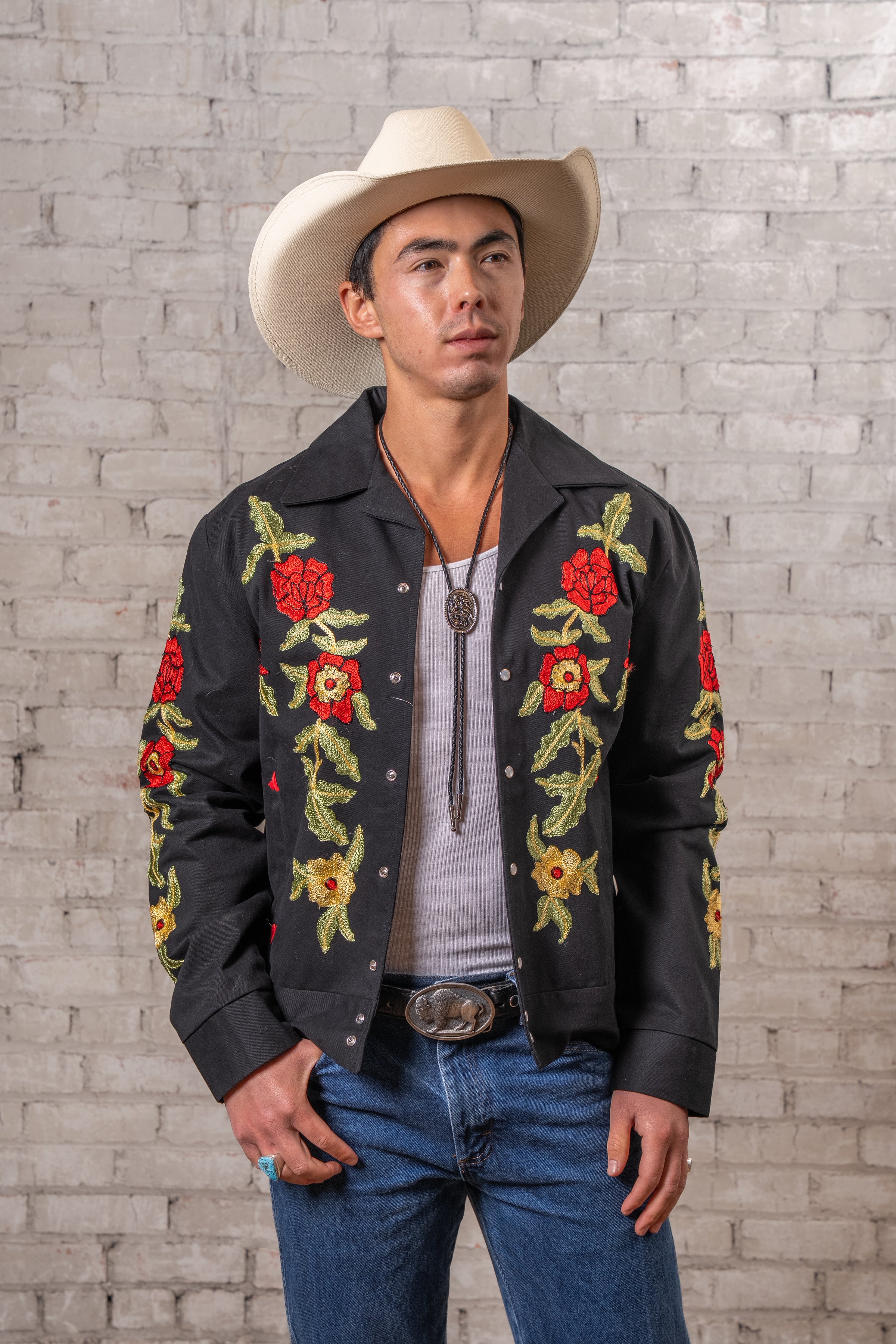Men's Vintage Western Bolero Jacket with Red Floral Embroidery