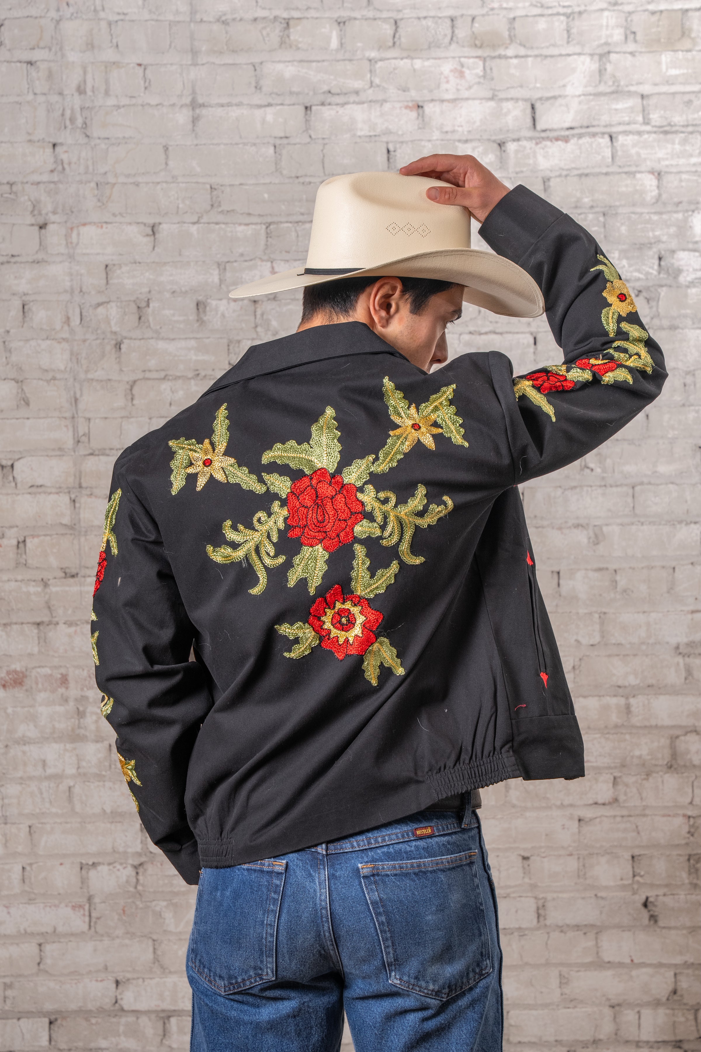 Men's Vintage Western Bolero Jacket with Red Floral Embroidery
