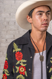 Men's Vintage Western Bolero Jacket with Red Floral Embroidery