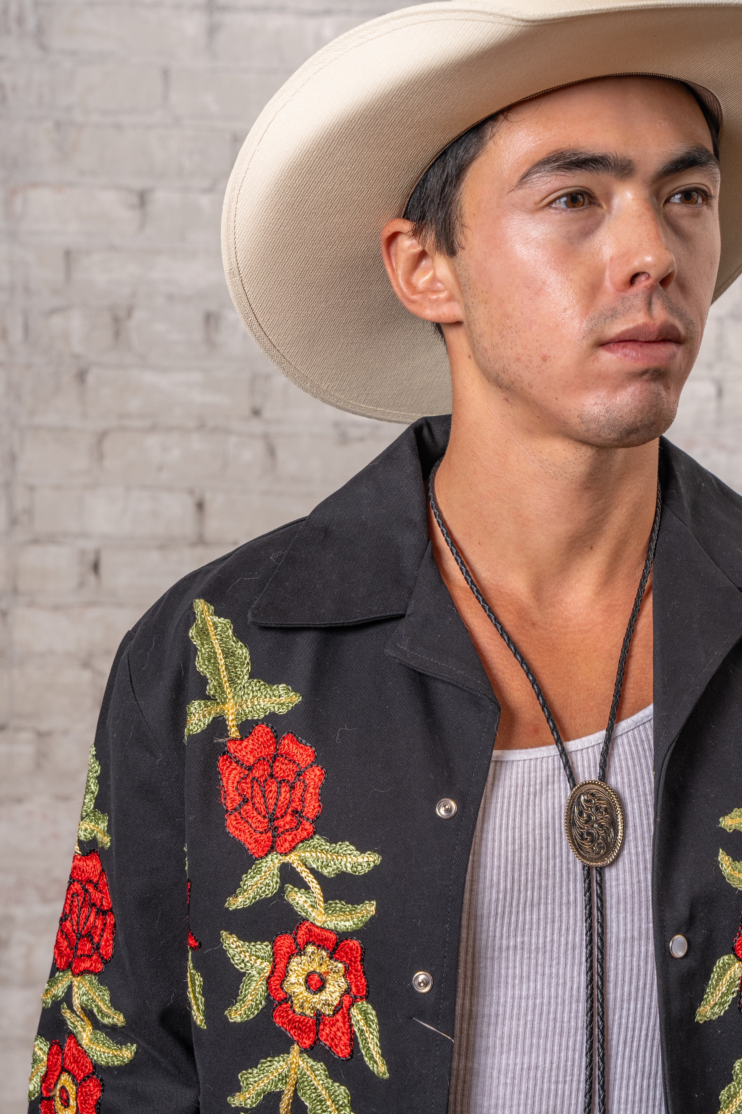 Men's Vintage Western Bolero Jacket with Red Floral Embroidery