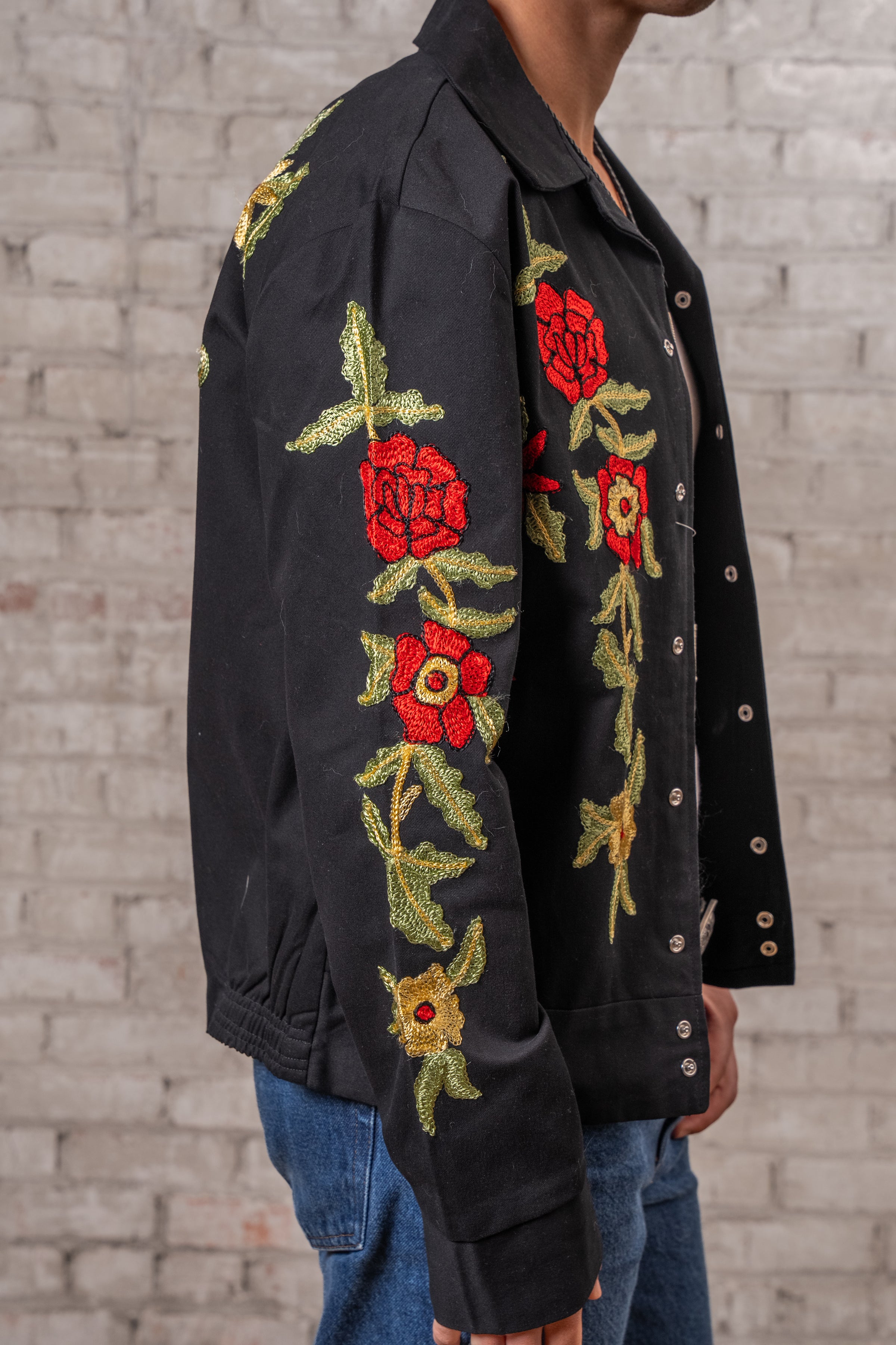Men's Vintage Western Bolero Jacket with Red Floral Embroidery