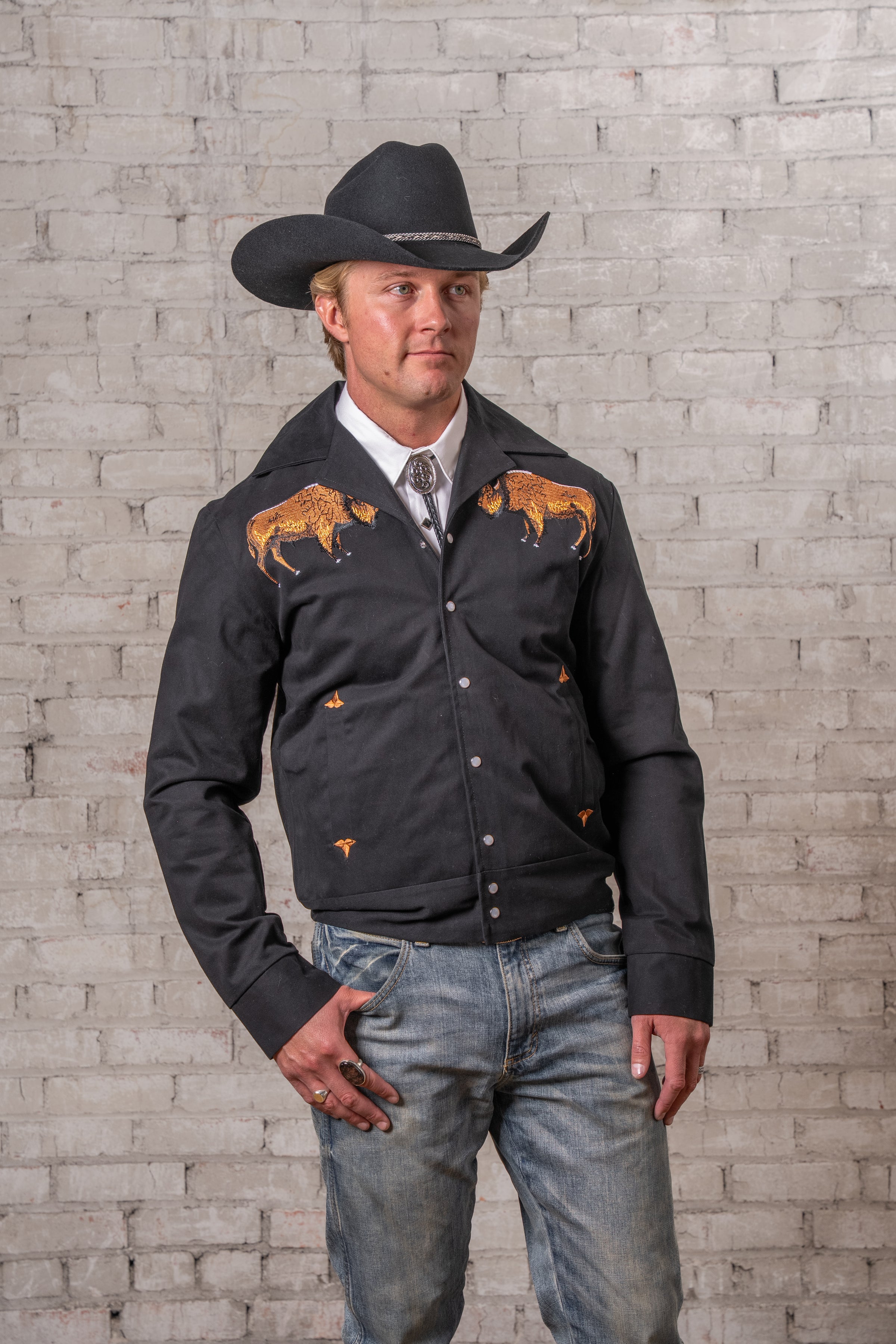 Men's Vintage Black Suede Cloth Western Bolero Jacket with Bison Embroidery