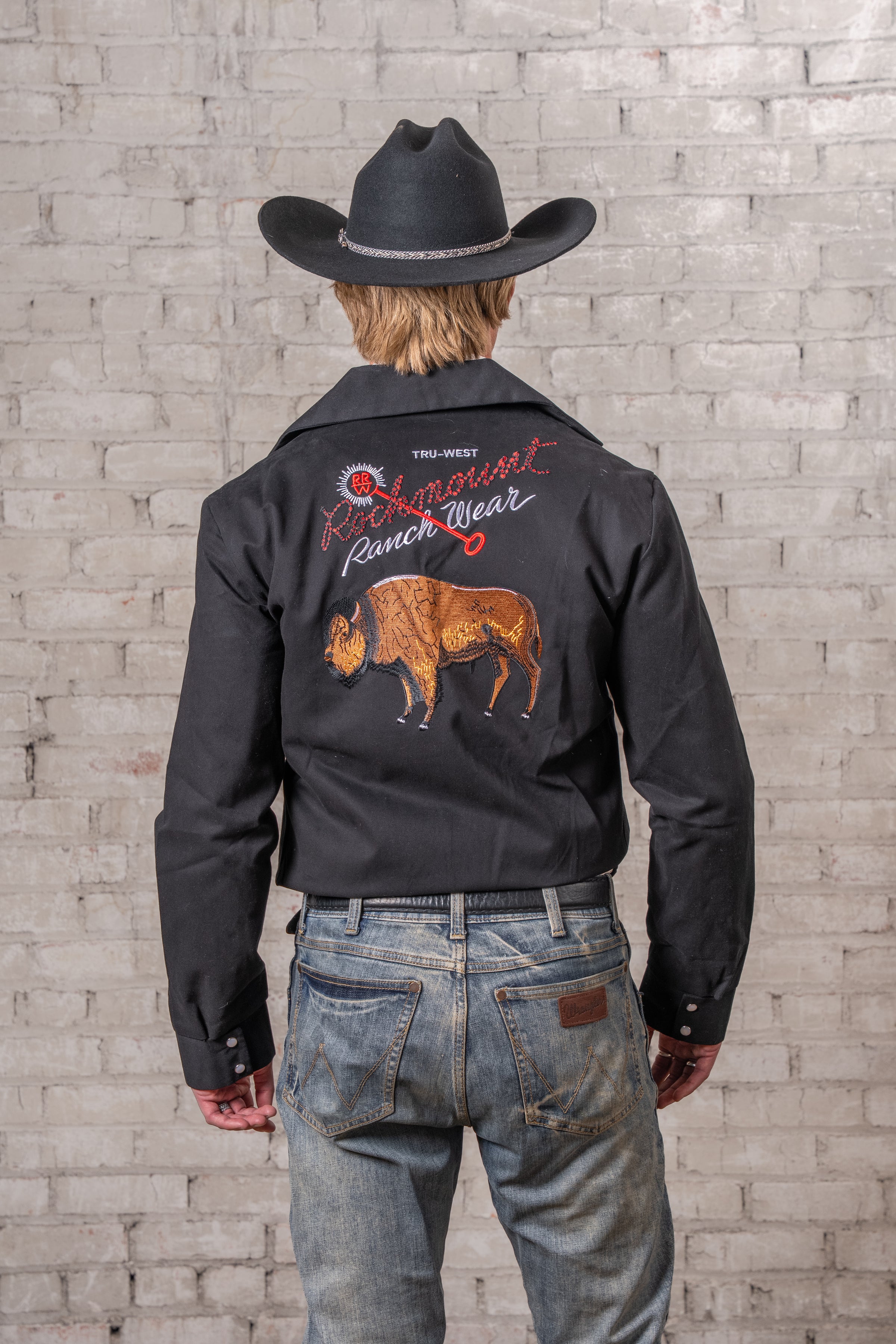 Men's Vintage Black Suede Cloth Western Bolero Jacket with Bison Embroidery