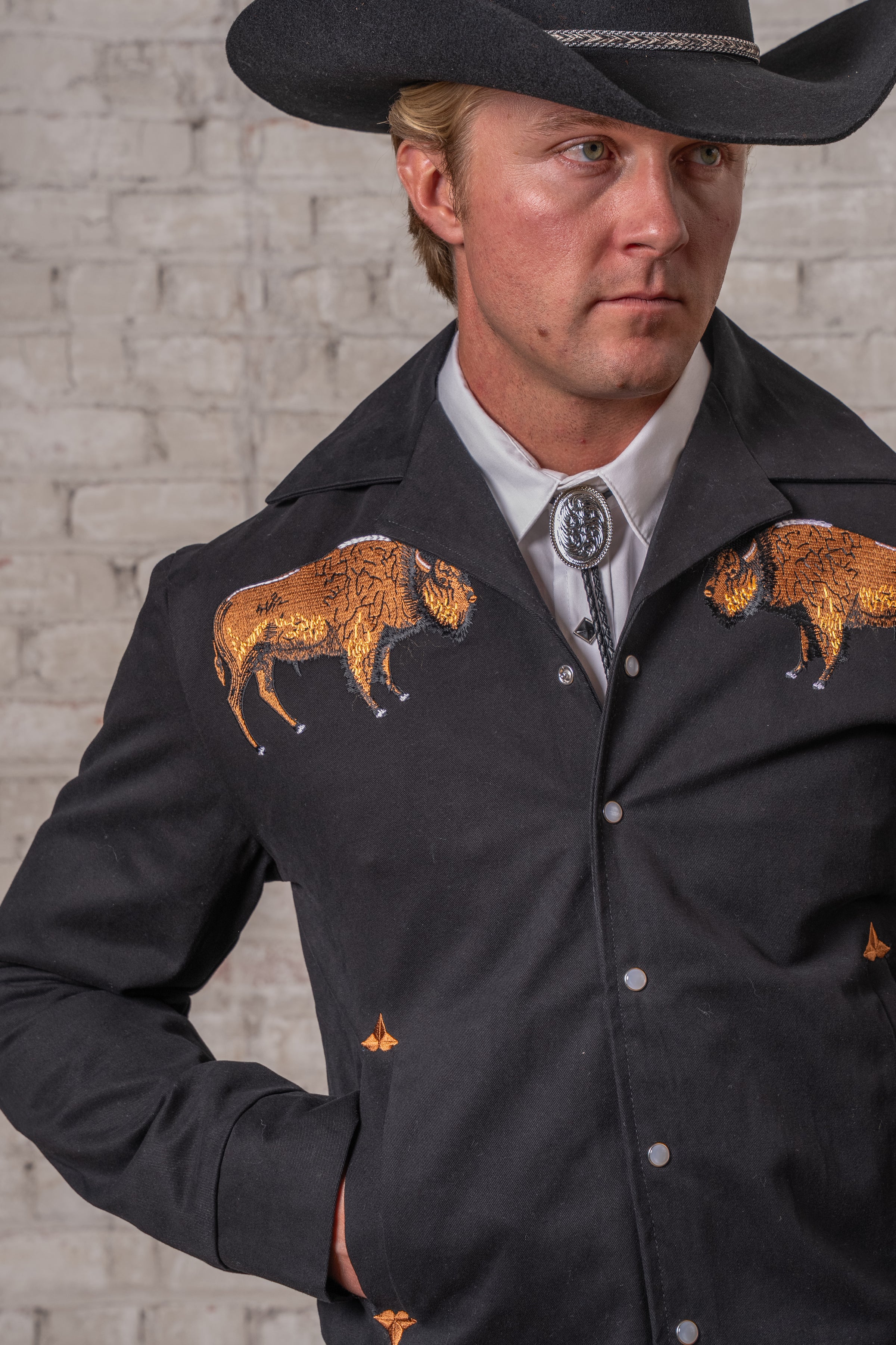 Men's Vintage Black Suede Cloth Western Bolero Jacket with Bison Embroidery