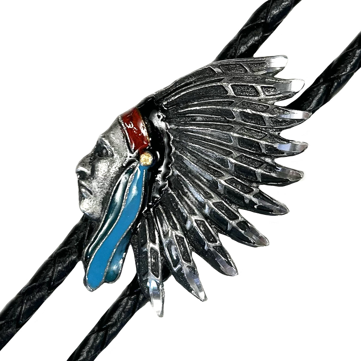 Pewter Indian Chief with Turquoise Western Bolo Tie - Rockmount