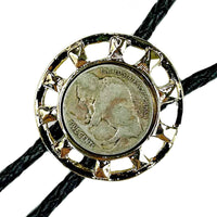 Gold Wagon Wheel with Genuine Buffalo Nickel Western Bolo Tie