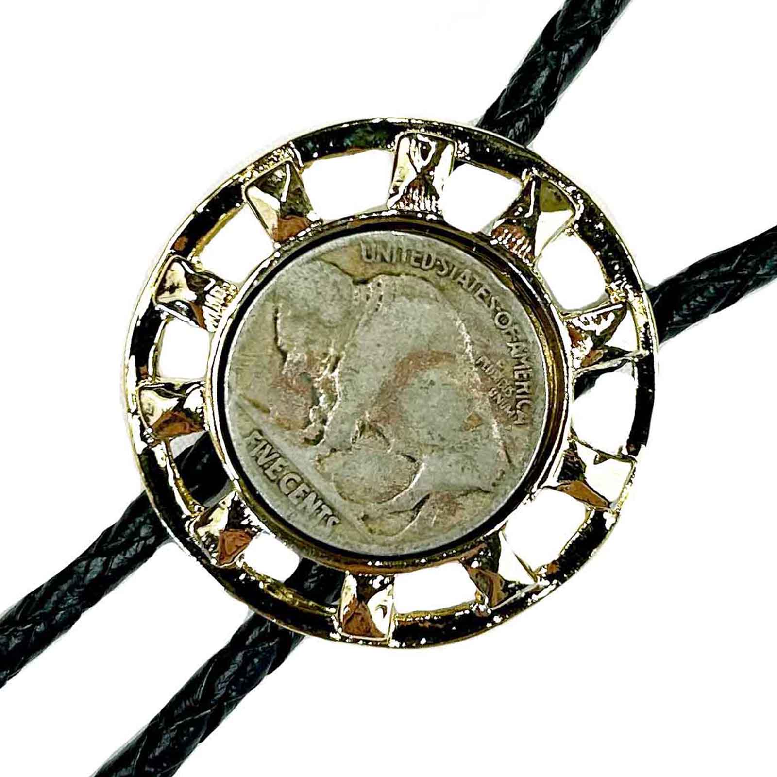 Gold Wagon Wheel with Genuine Buffalo Nickel Western Bolo Tie