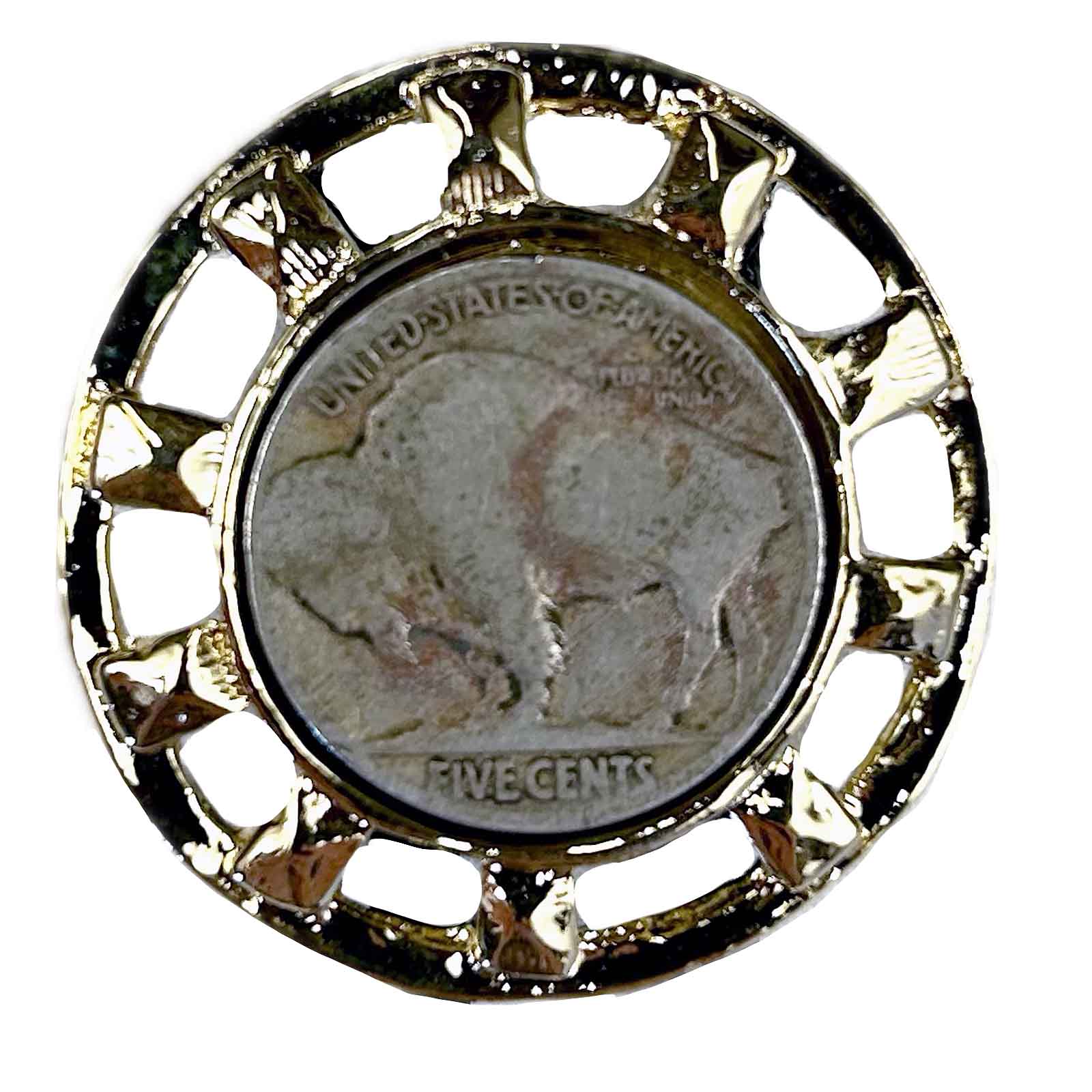 Gold Wagon Wheel with Genuine Buffalo Nickel Western Bolo Tie