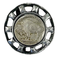Silver Wagon Wheel with Genuine Buffalo Nickel Western Bolo Tie - Rockmount
