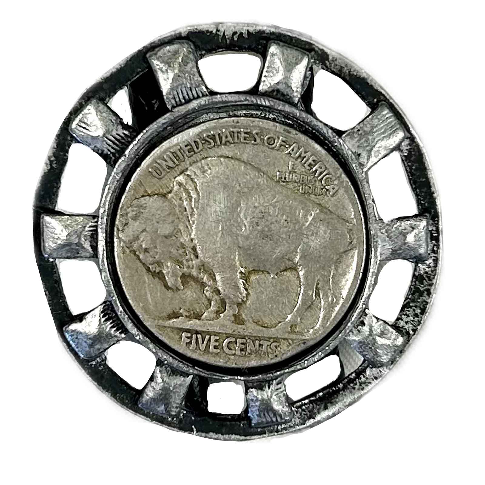 Silver Wagon Wheel with Genuine Buffalo Nickel Western Bolo Tie - Rockmount