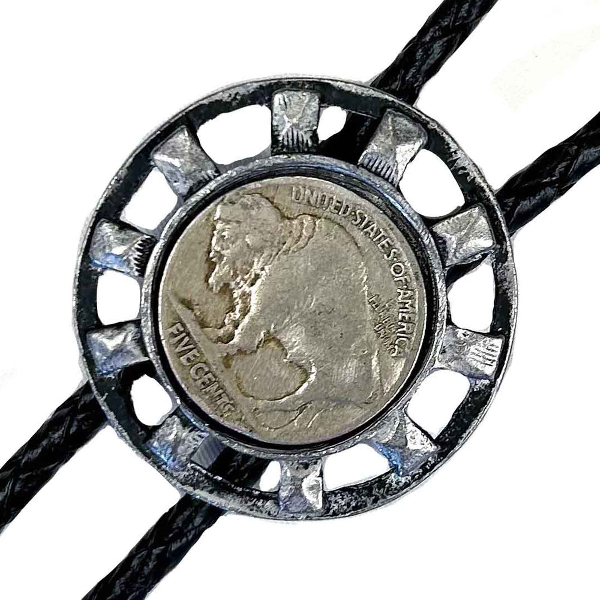 Silver Wagon Wheel with Genuine Buffalo Nickel Western Bolo Tie - Rockmount