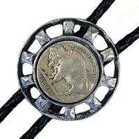 Silver Wagon Wheel with Genuine Buffalo Nickel Western Bolo Tie - Rockmount
