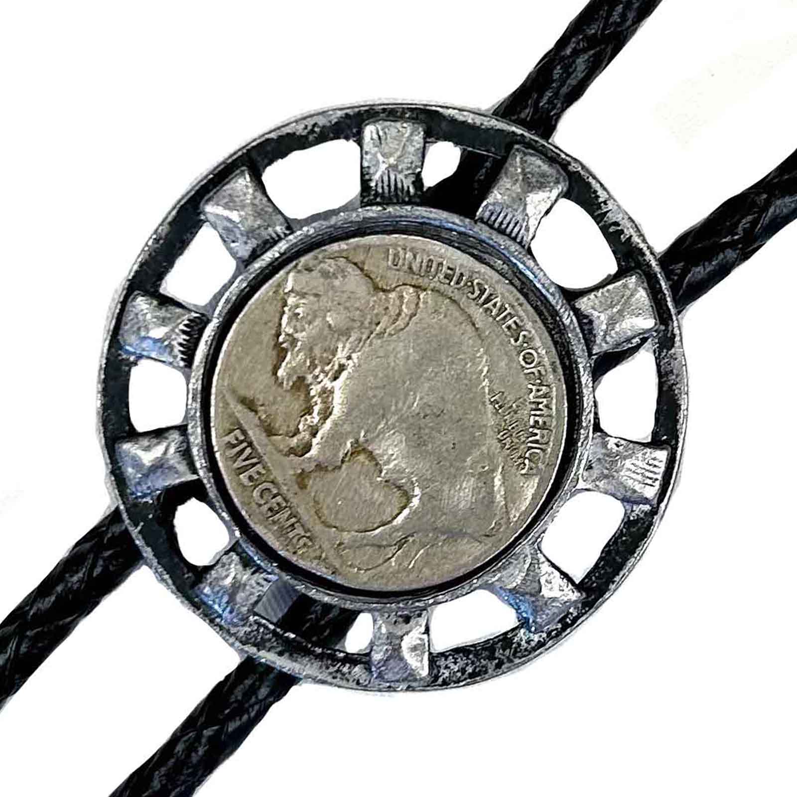 Silver Wagon Wheel with Genuine Buffalo Nickel Western Bolo Tie - Rockmount