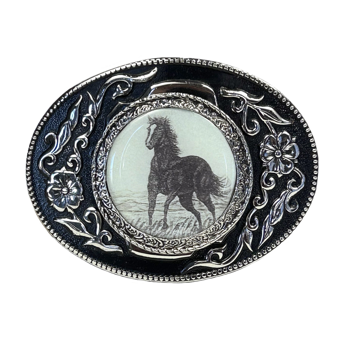 Mustang Silver & Black Western Belt Buckle - Rockmount