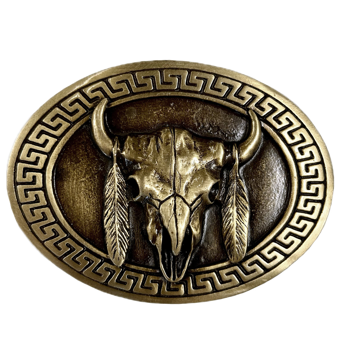 Steer Skull & Feathers Brass Western Belt Buckle - Rockmount