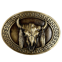 Steer Skull & Feathers Brass Western Belt Buckle - Rockmount
