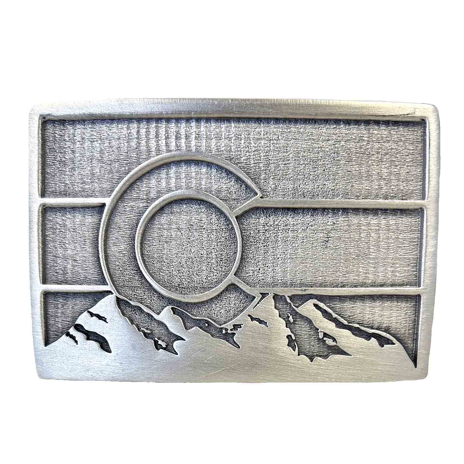 Pewter Colorado Flag Belt Buckle with Mountains