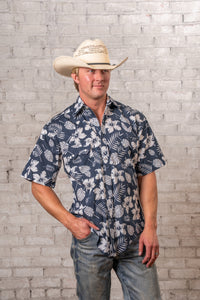 Men's Navy Short Sleeve Hawaiian Western Shirt
