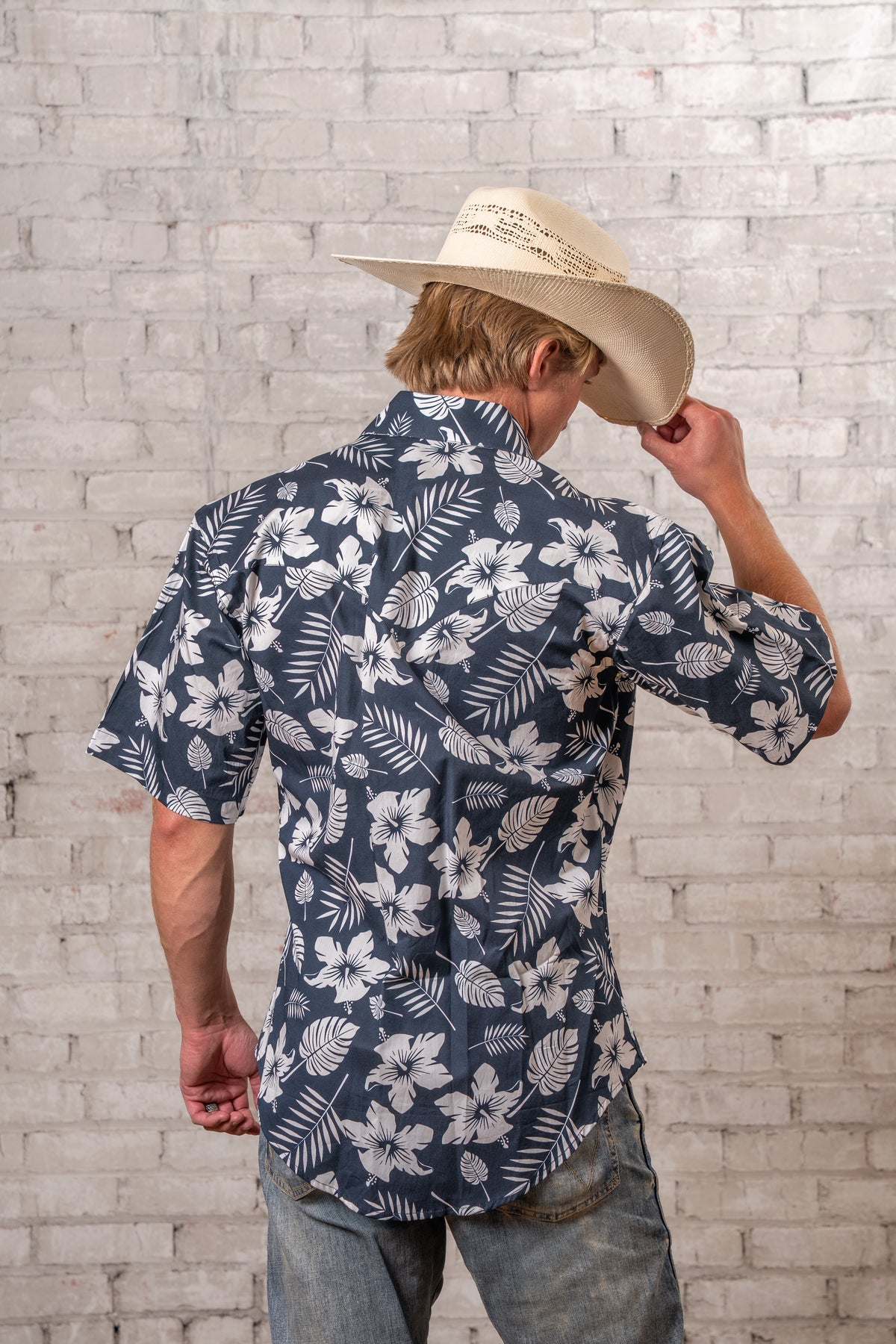 Men's Navy Short Sleeve Hawaiian Western Shirt