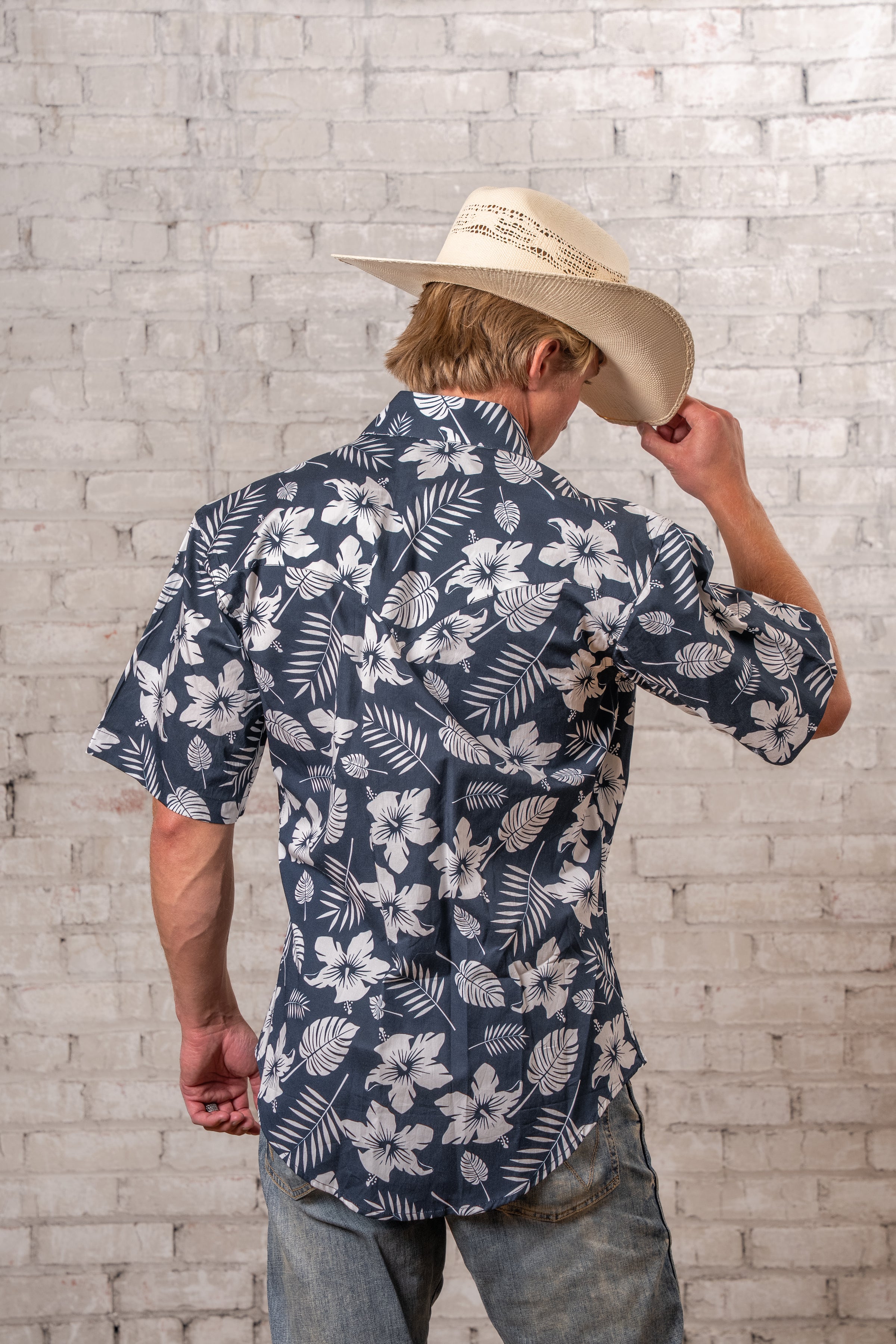 Men's Navy Short Sleeve Hawaiian Western Shirt