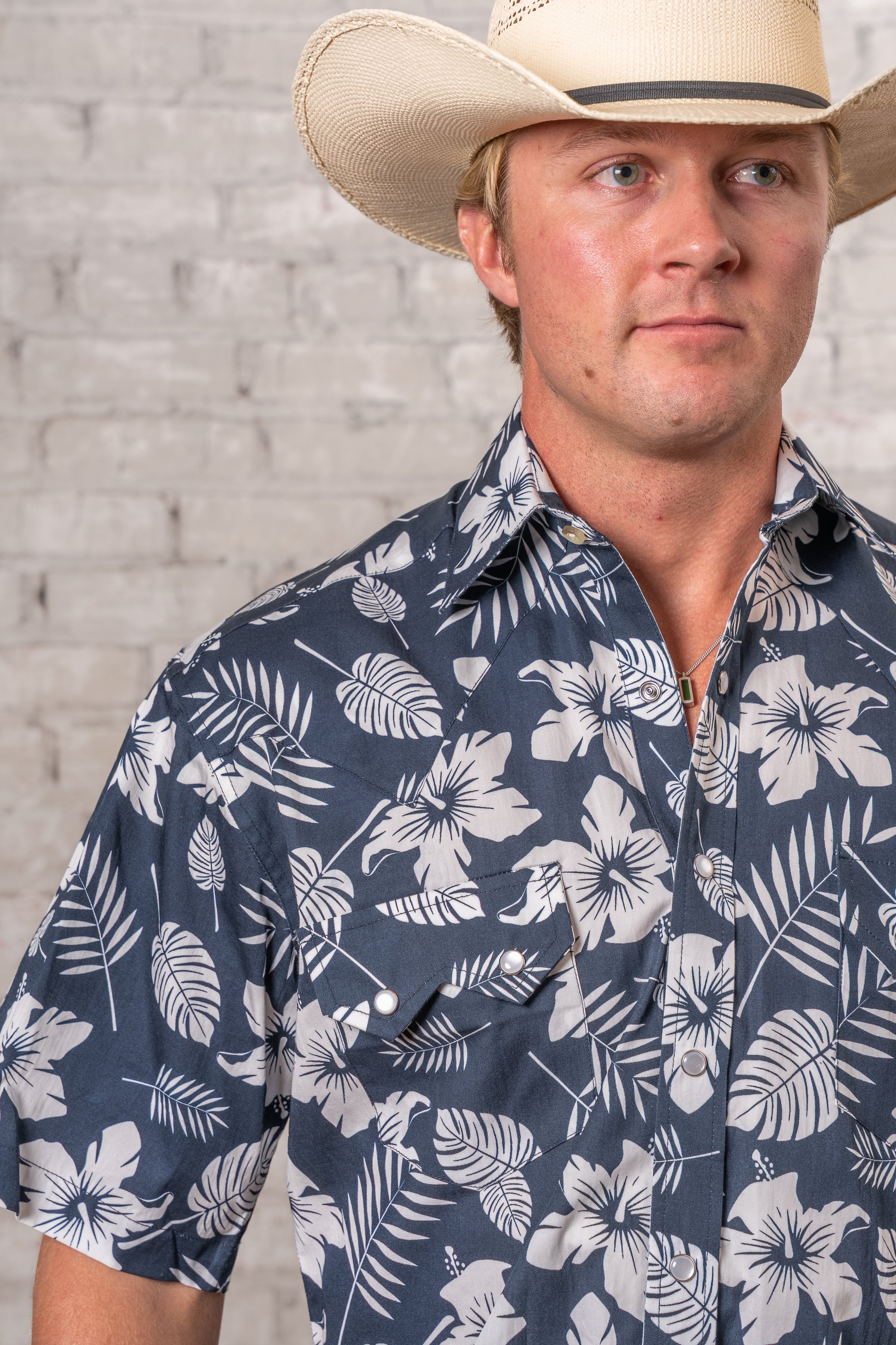 Men's Navy Short Sleeve Hawaiian Western Shirt