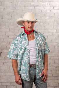 Men's Green Short Sleeve Hawaiian Western Shirt