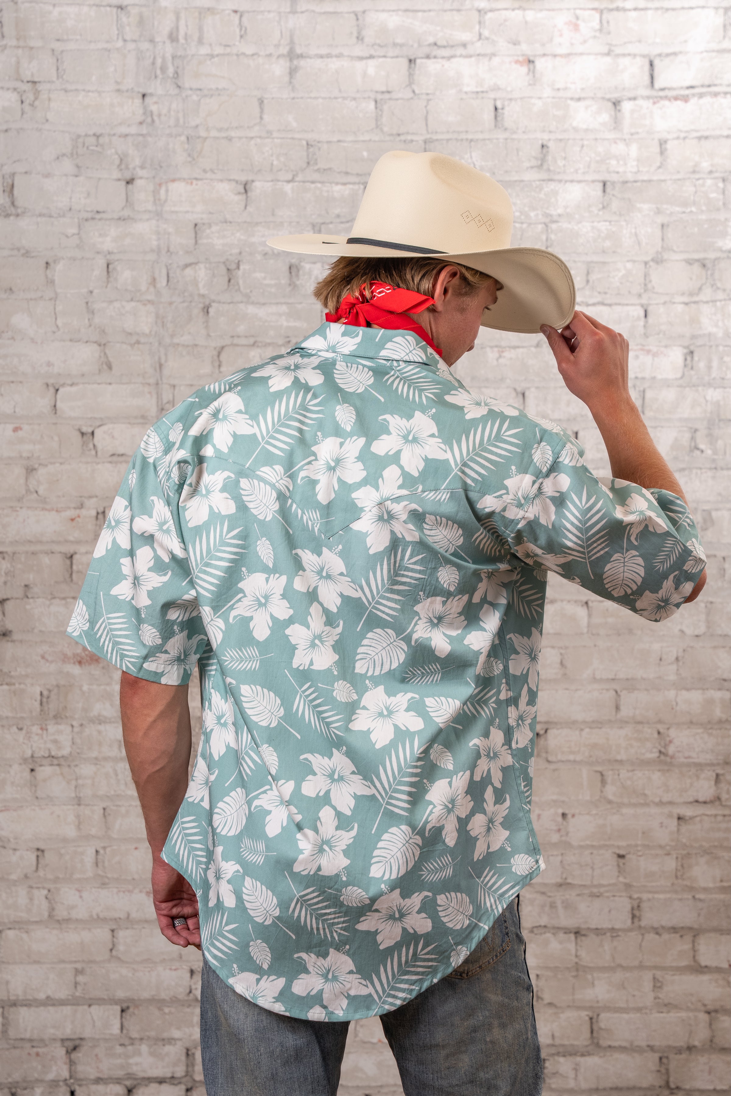 Men's Green Short Sleeve Hawaiian Western Shirt