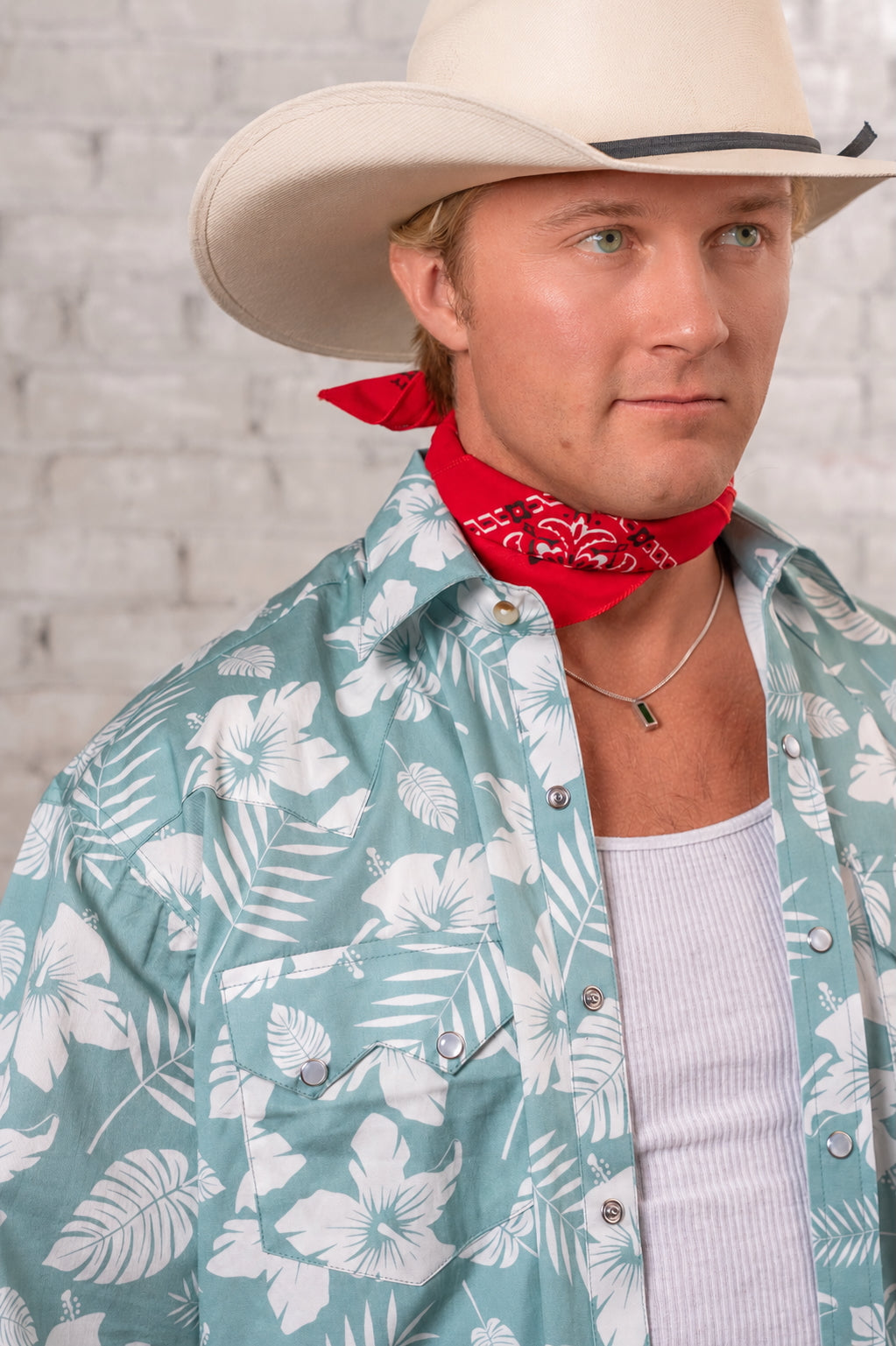 Men's Green Short Sleeve Hawaiian Western Shirt