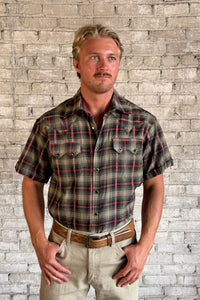 Men's Short Sleeve Shadow Plaid Dobby Lurex Western Shirt in Black