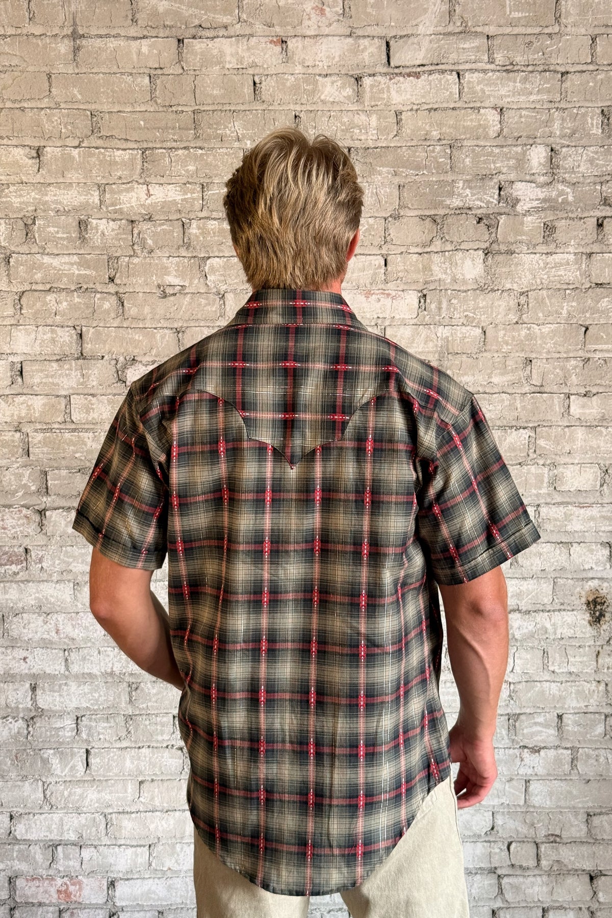 Men's Short Sleeve Shadow Plaid Dobby Lurex Western Shirt in Black
