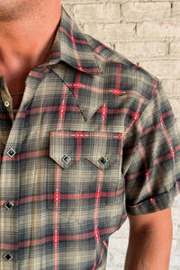 Men's Short Sleeve Shadow Plaid Dobby Lurex Western Shirt in Black