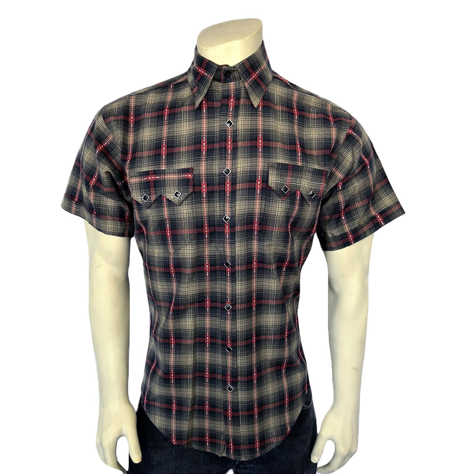 Men's Short Sleeve Shadow Plaid Dobby Lurex Western Shirt in Black - Rockmount