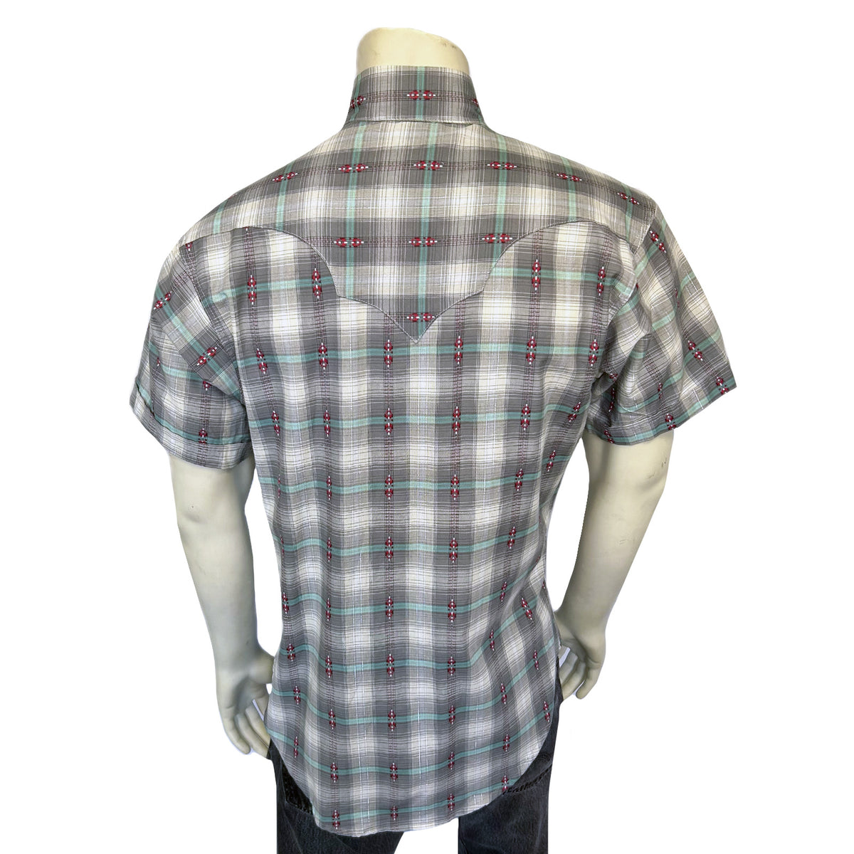 Men's Short Sleeve Shadow Plaid Dobby Lurex Western Shirt in Grey - Rockmount