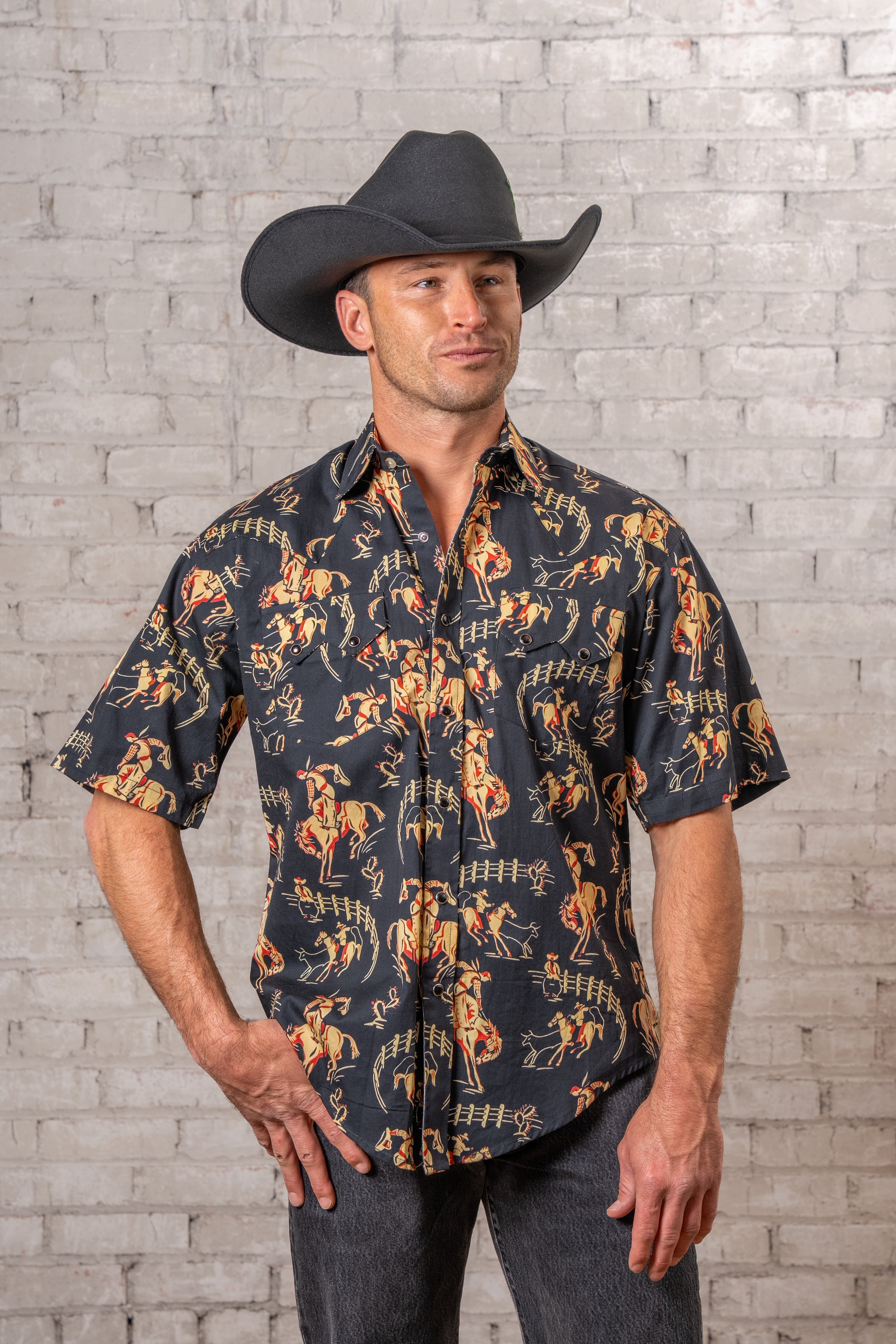 Men's Vintage Black Short Sleeve Bronc Print Western Shirt