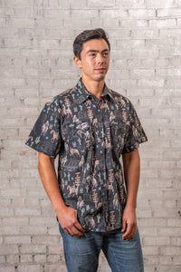 Men’s Black Cactus & Cowboys Print Short Sleeve Western Shirt